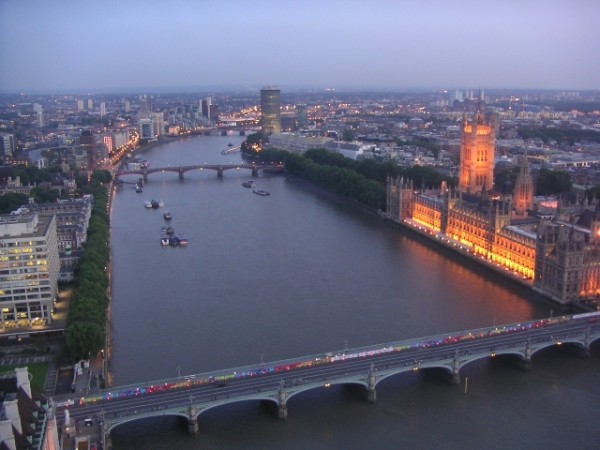 Along the Thames from top of London Eye at sunset