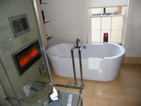 Bathroom complete with TV, faux fire, disco lights and multiple remote controls