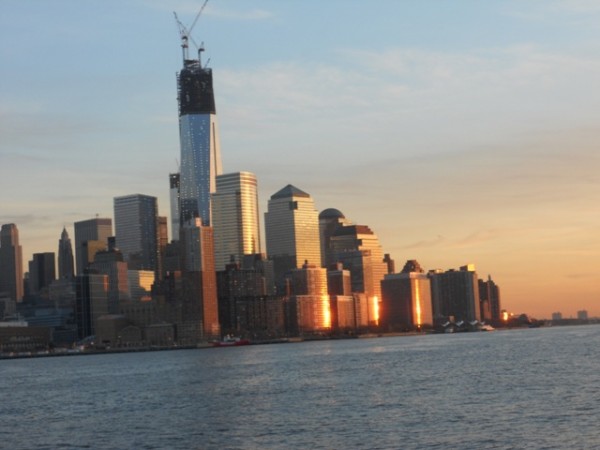 Lower Manhattan skyline at sunset